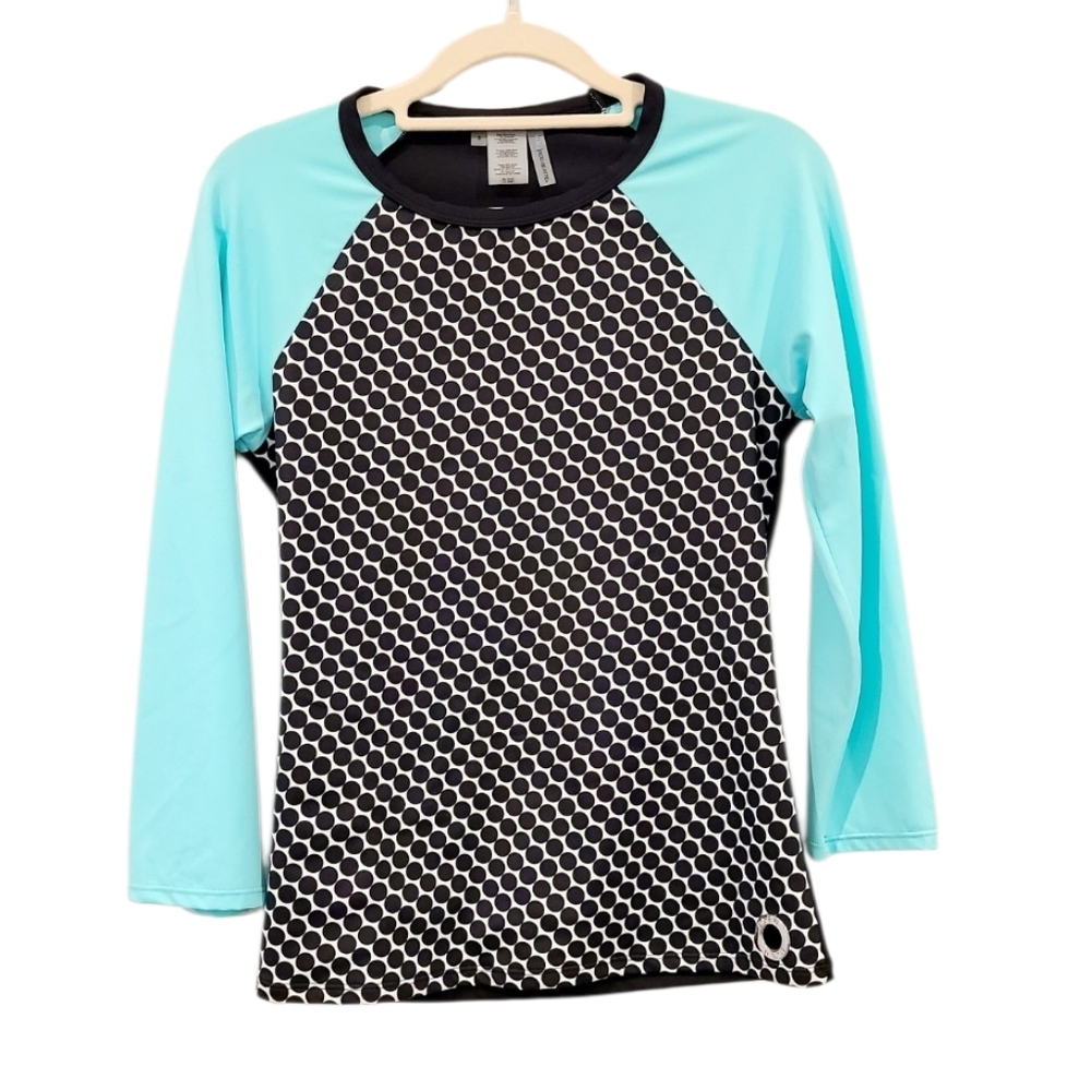 Bleu Rod Beattie Black And White Polka Dot Aqua Sleeve Swim Top